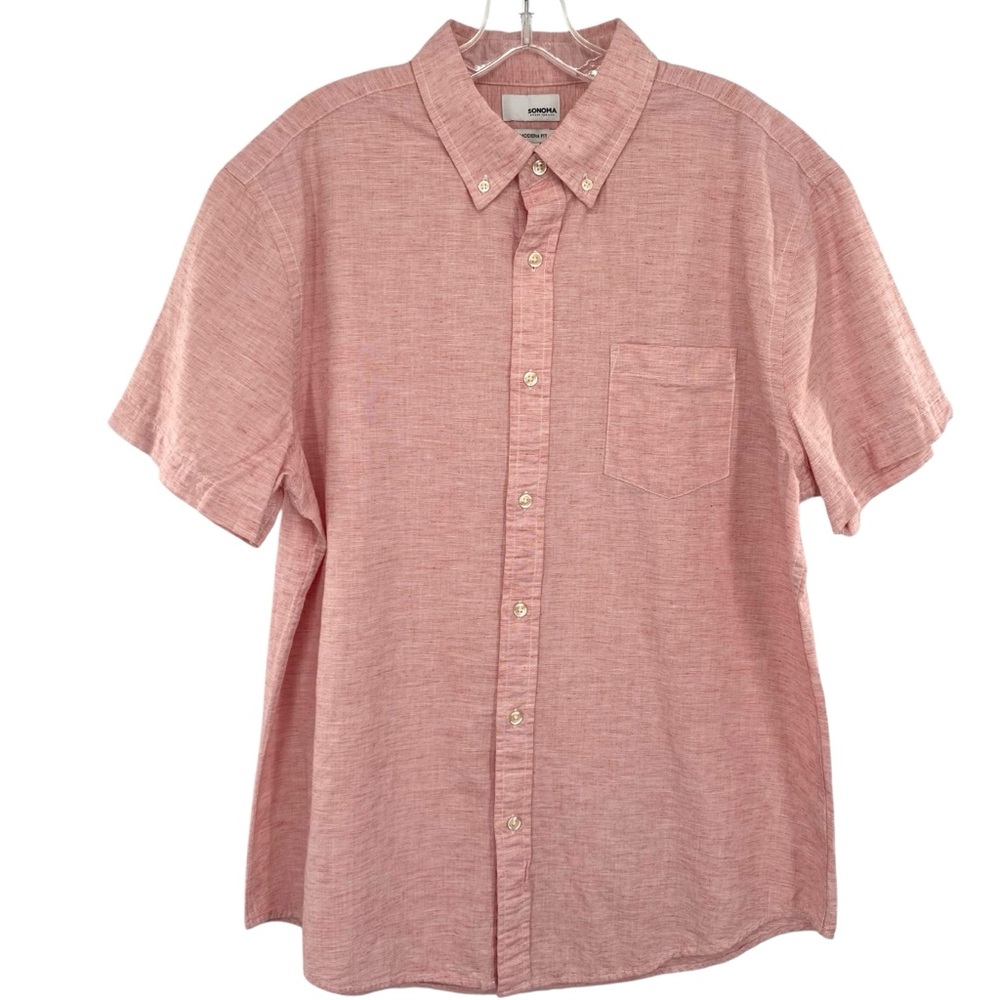Sonoma Men’s Linen Blend Modern Fit Button Down Shirt Large Short Sleeve